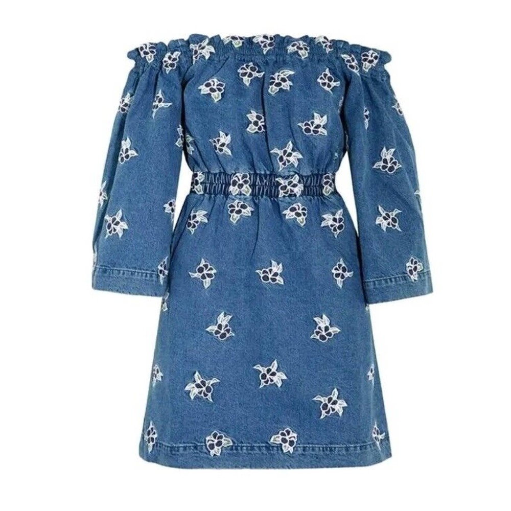 House of Holland Women’s Denim Off Shoulders Dress Floral Embroidered Sz US 4 (A